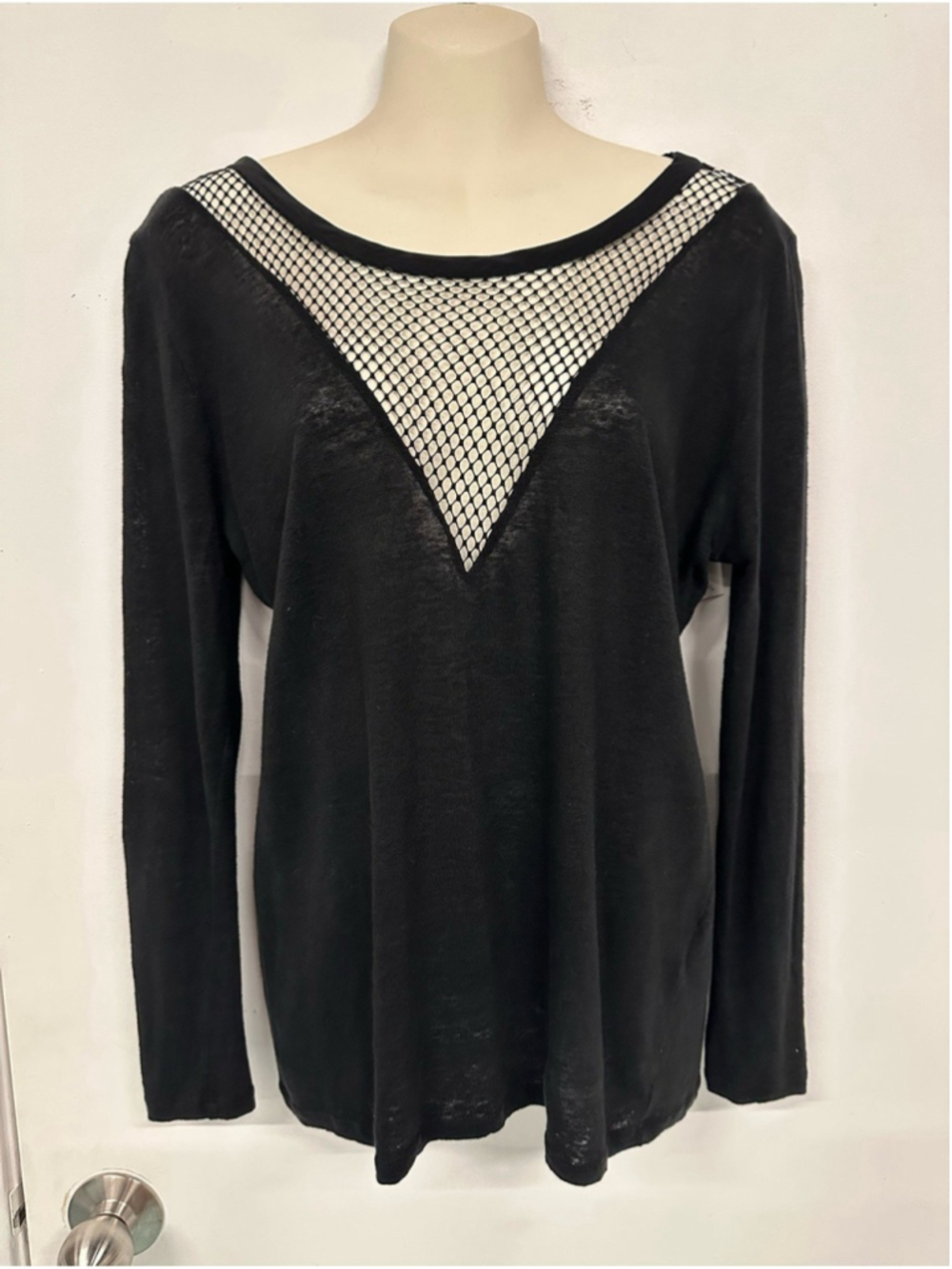 Sandro black linen Round neck V mesh long sleeve knit top Small
